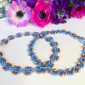 Bracelet Set Blue & Brown Silver Beaded Boho New Gift Set Of 2 Bracelets